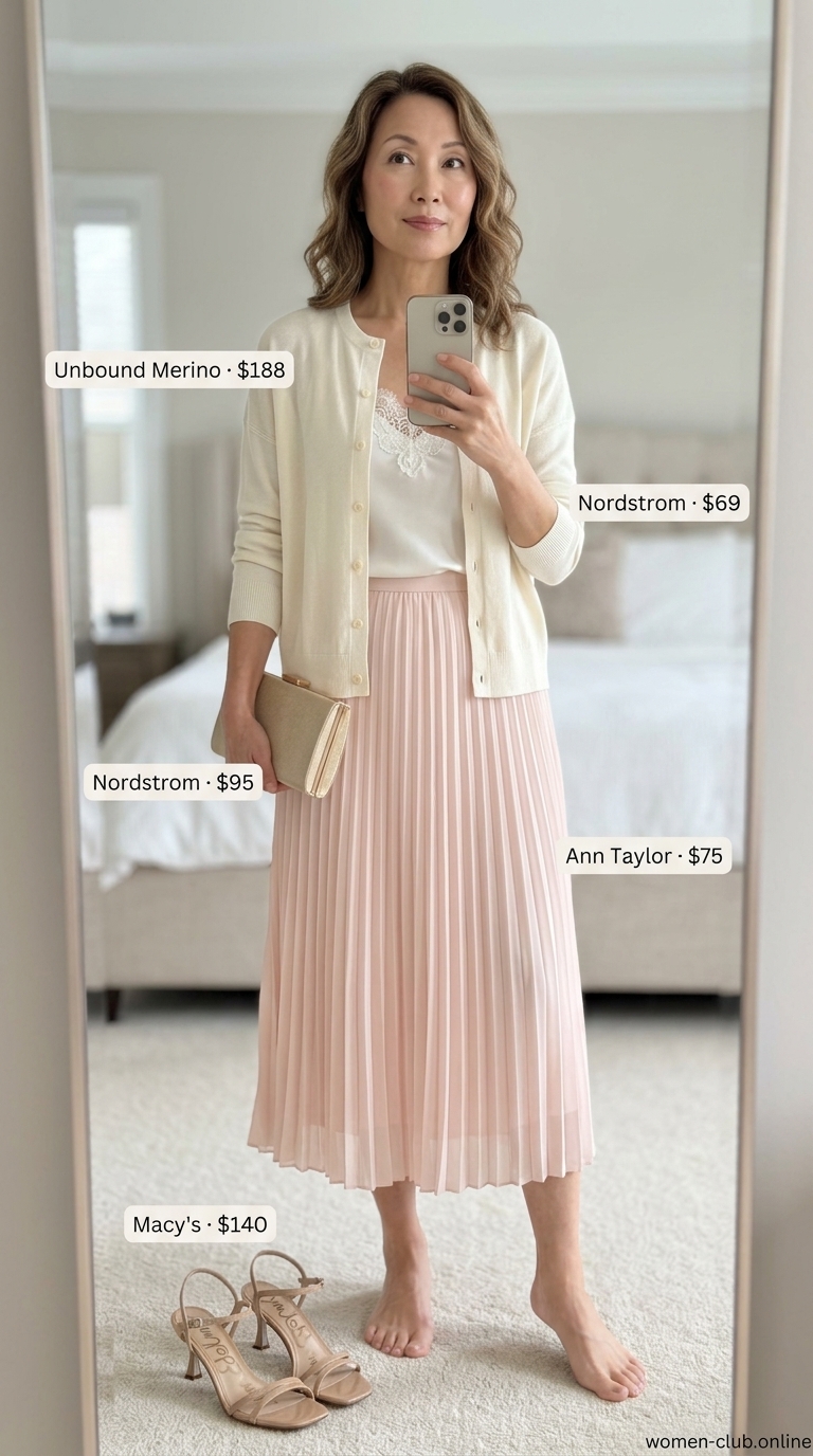 Lightweight summer outfit for women over 60 2026: Blush midi skirt, ivory camisole, cardigan for dinner.