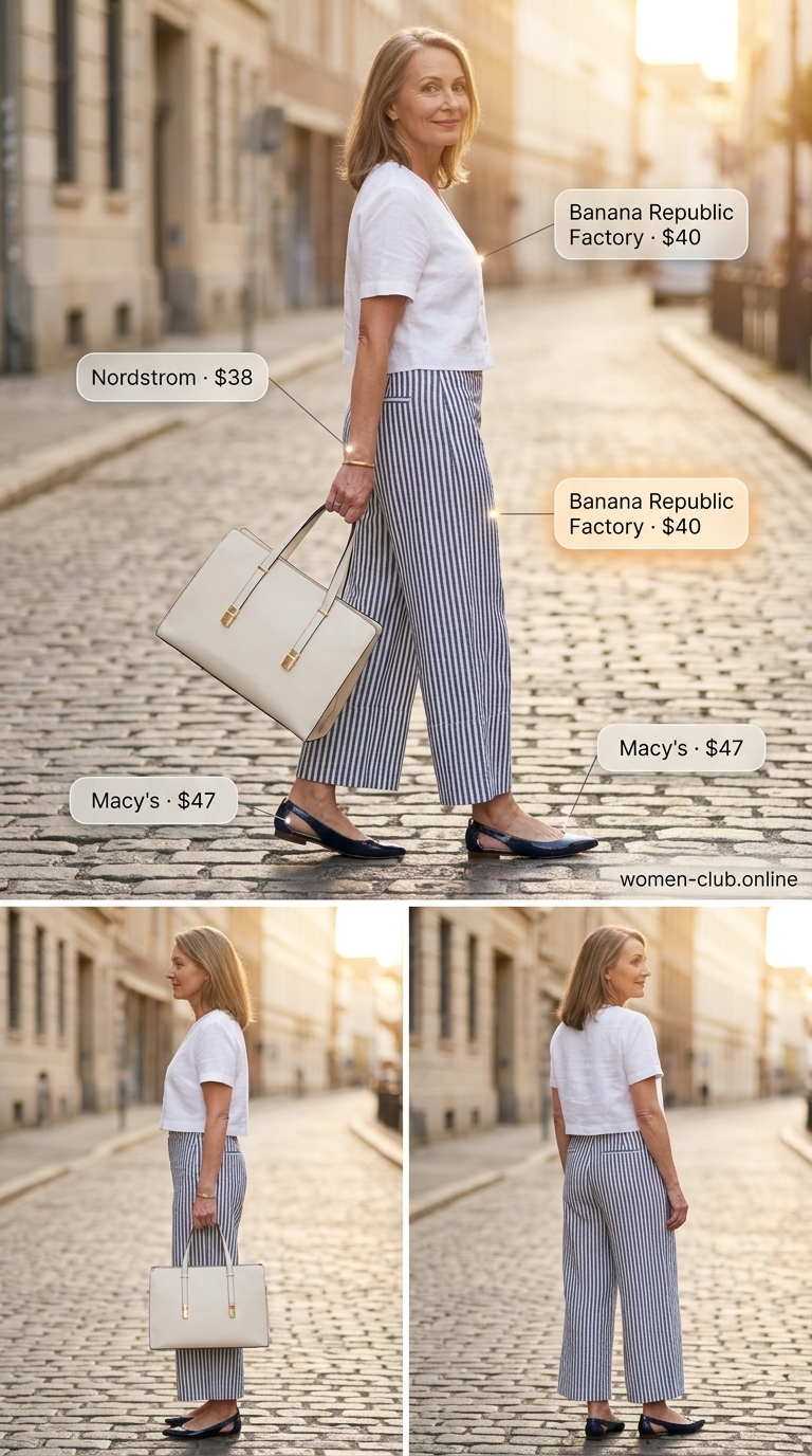 Lightweight summer outfit for women over 60 2026: Navy and white striped co-ord set for travel or lunch dates.