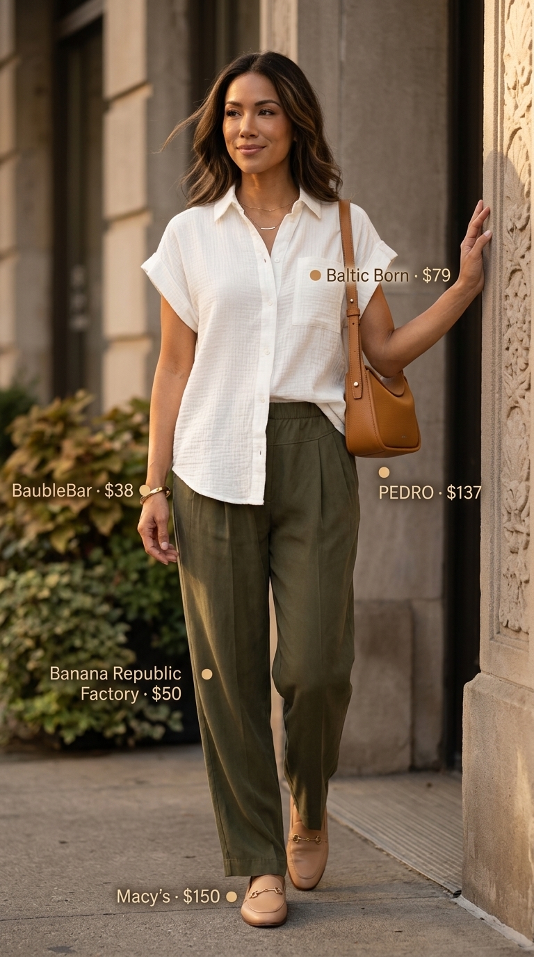 Lightweight summer outfit for women over 60 2026: Olive green trousers and ivory blouse for a polished look.
