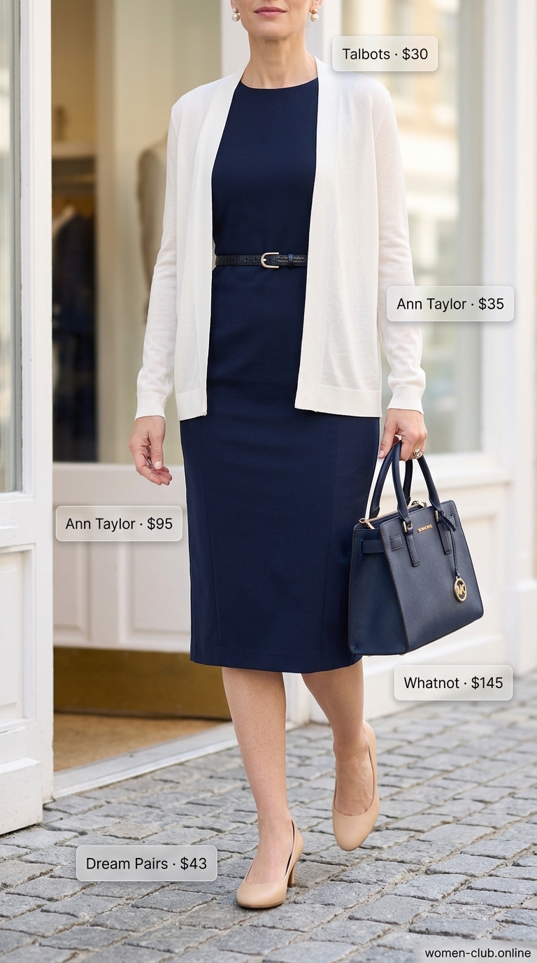 Classic navy sheath dress, a lightweight summer outfit for women over 60 2026. Polished daytime event style.