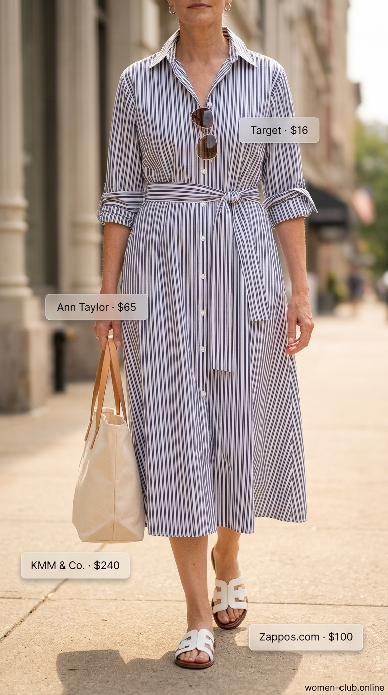 Casual light blue shirtdress, a lightweight summer outfit for women over 60 2026. Easygoing errand style.