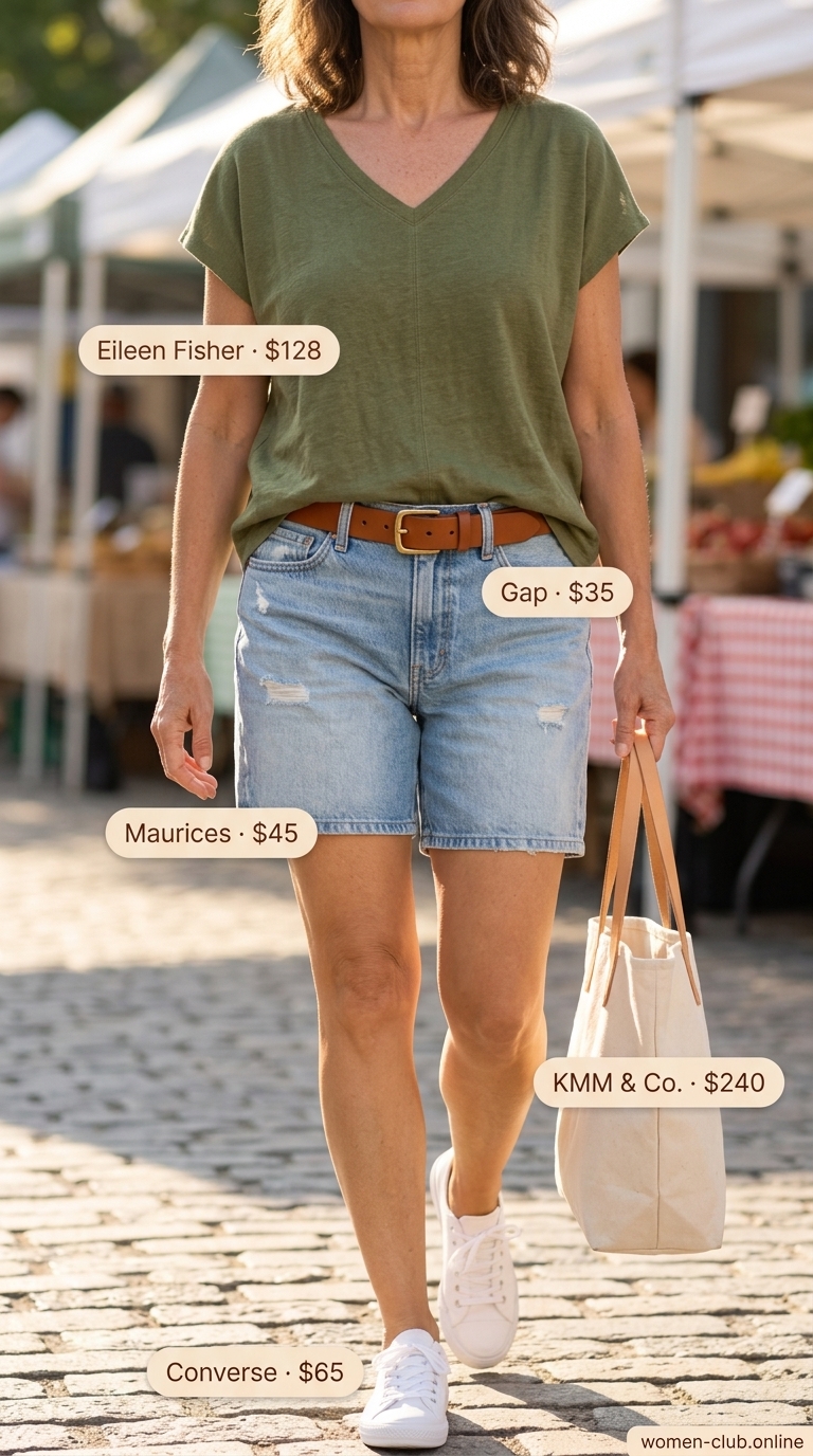 Lightweight summer outfit for women over 60 2026: Denim shorts, olive tee, white sneakers for weekend casual.