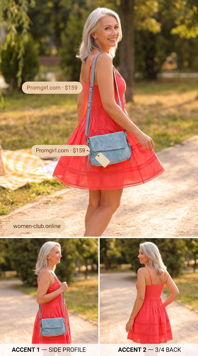 Lightweight summer outfit for women over 60 2026: Coral sundress, white sneakers for a casual day out.