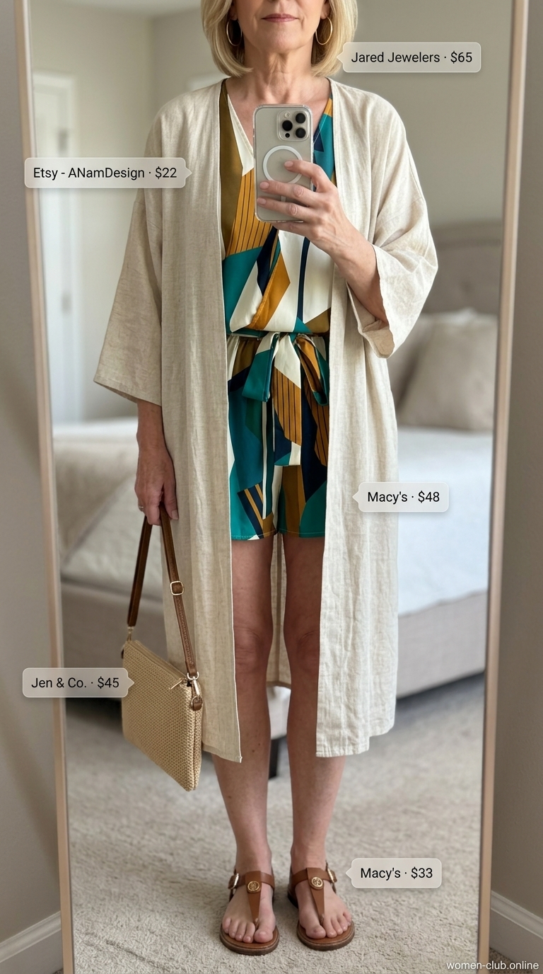 Lightweight summer outfit for women over 60 2026: Teal geometric print romper for casual days and vacations.