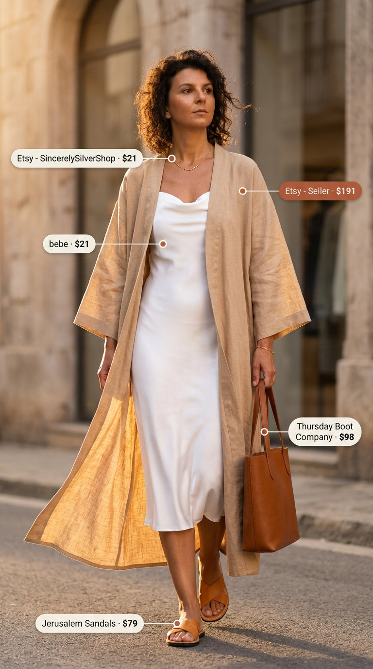 Beige linen kimono outfit for women 2026. Sophisticated summer outing with slip dress and leather tote.