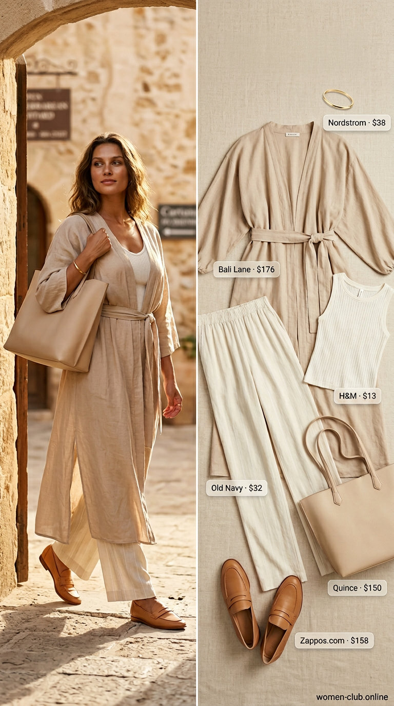 Beige linen kimono outfit for women 2026. Casual day out look with wide-leg pants and loafers.