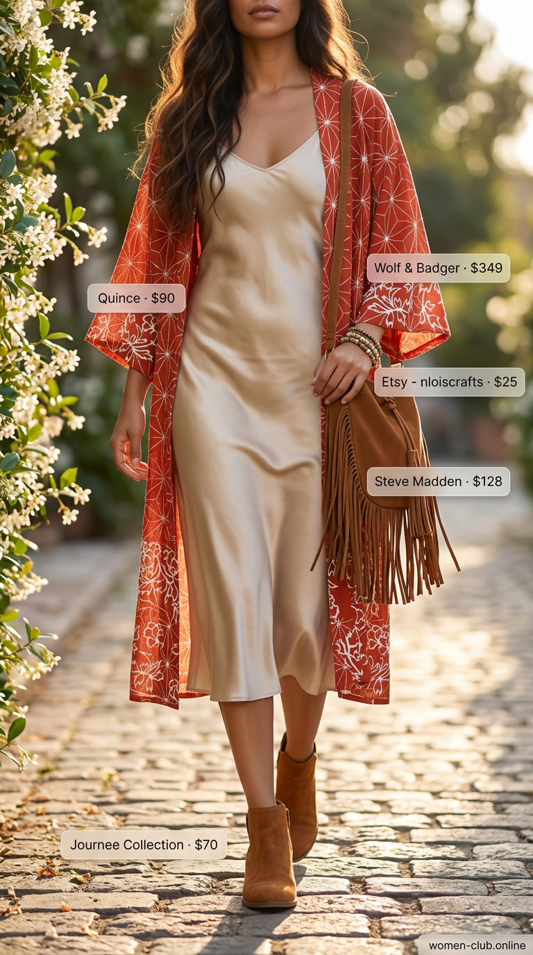 Bohemian terracotta embroidered maxi kimono outfit for women 2026, perfect for festivals and weddings.