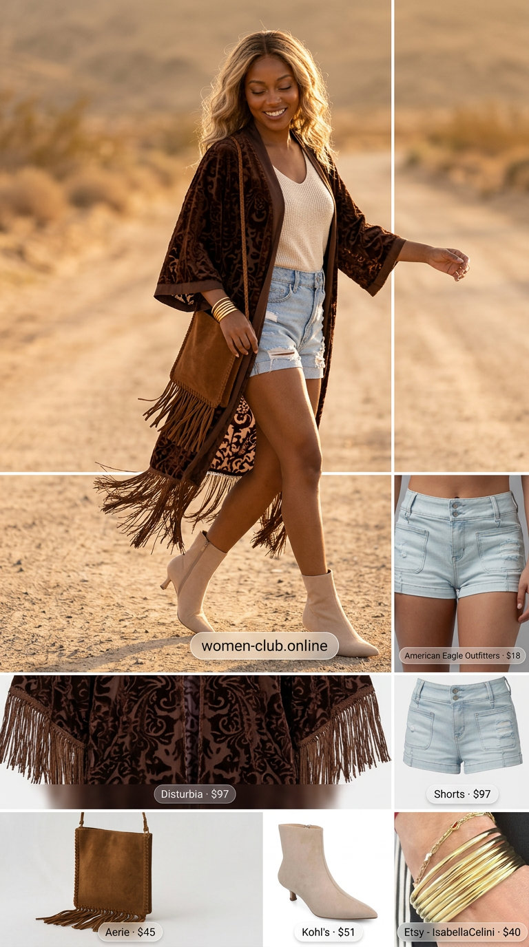 Brown fringe kimono outfit for women 2026. Festival style with denim shorts and crochet top.