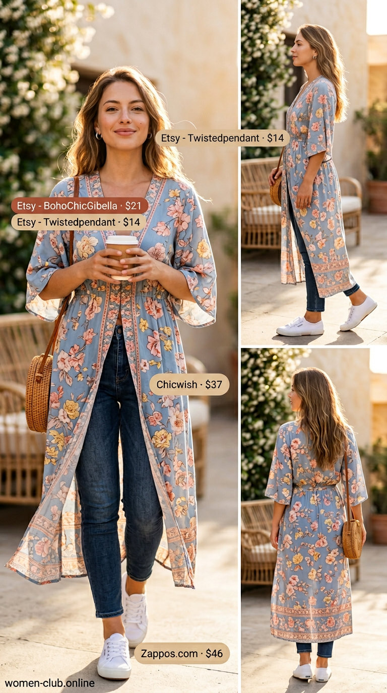 Feminine long summer kimono outfits for women 2026: Pastel floral kimono dress with sneakers.