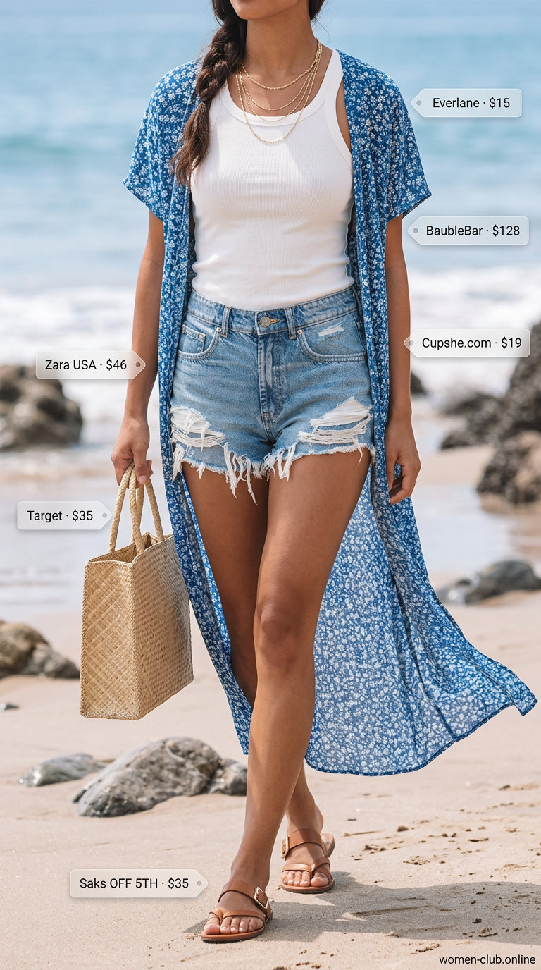 Relaxed long summer kimono outfits for women 2026: Blue floral kimono with denim shorts and straw tote.