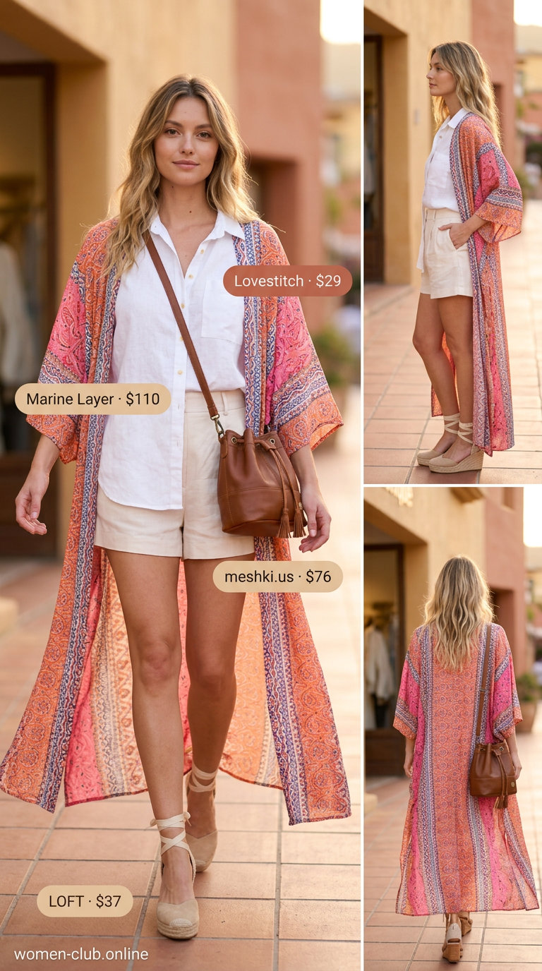 Coral print kimono outfit for women 2026. Resort wear with linen shorts and straw hat.