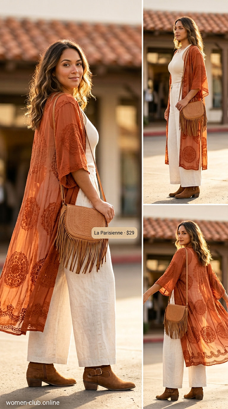 Rust orange geometric print maxi kimono outfit for women 2026, for summer evenings and casual dinners.