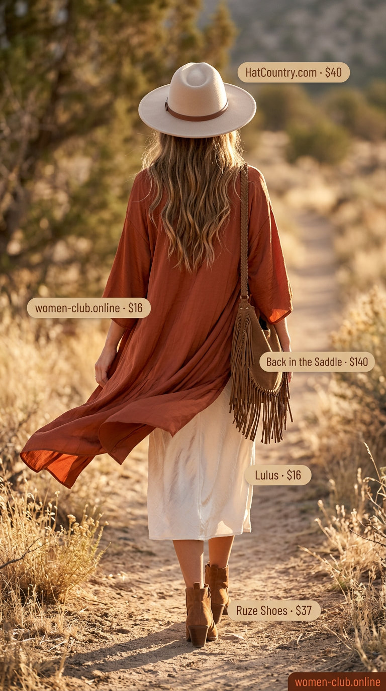 Rust orange embroidered maxi kimono outfit for women 2026, with suede boots for festivals.