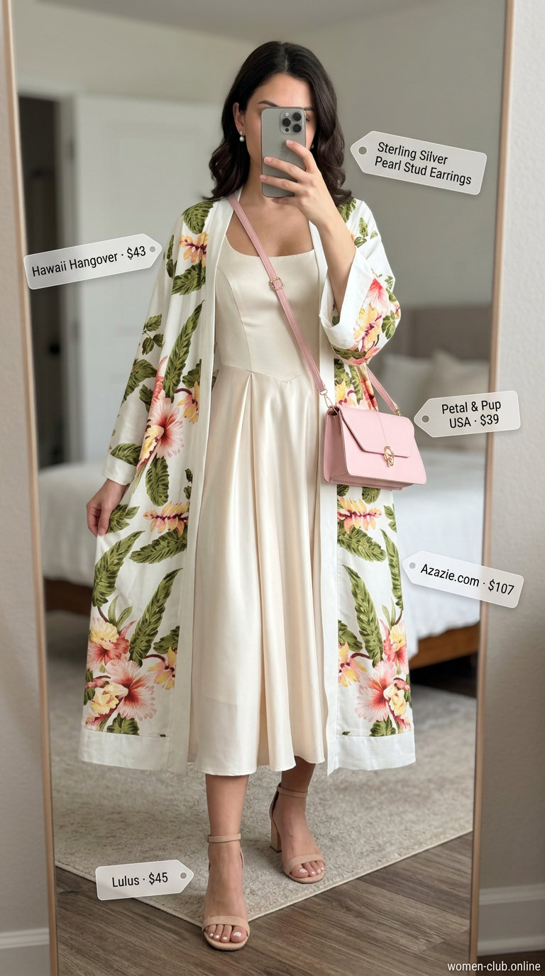 Ivory floral print maxi kimono outfit for women 2026, for garden parties and summer events.