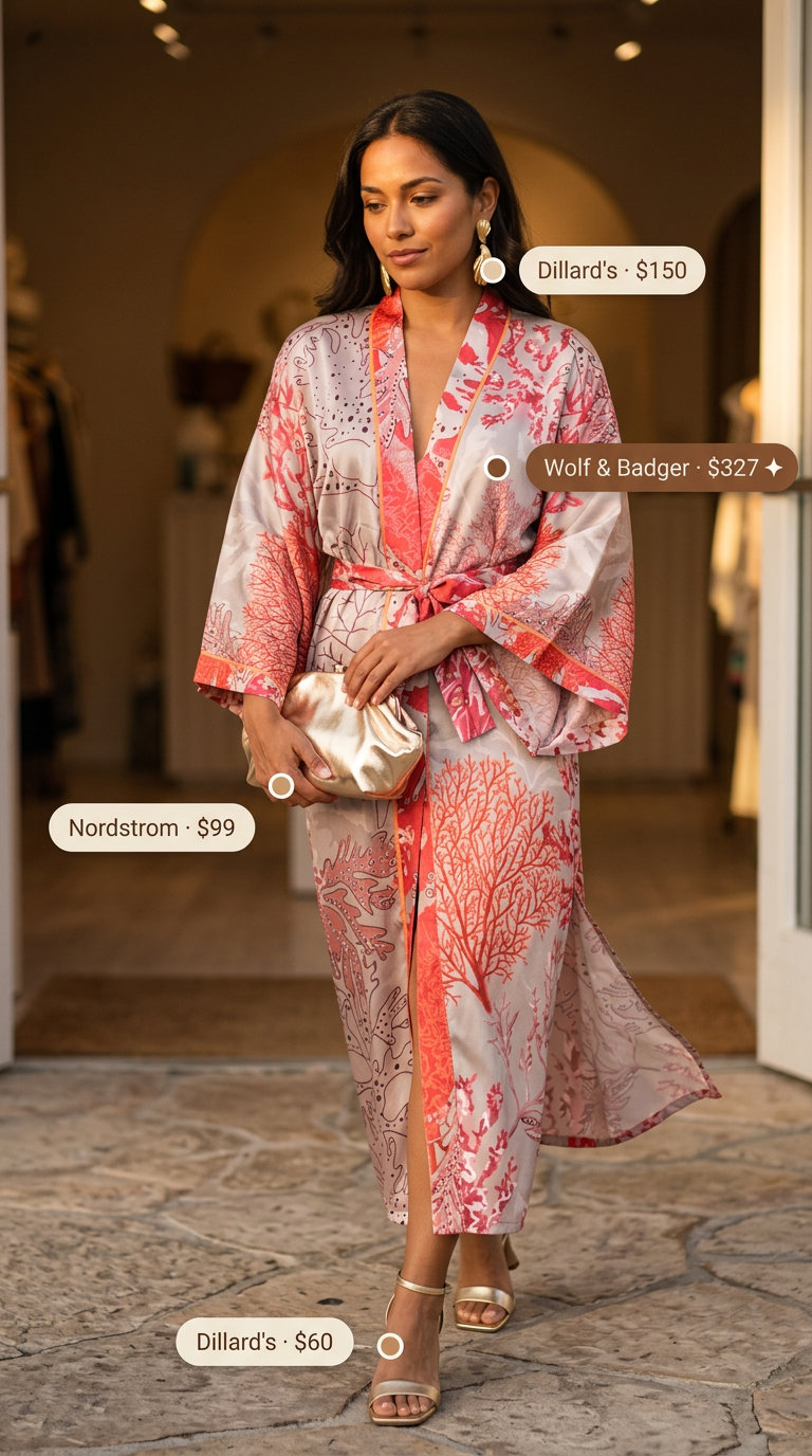 Glamorous coral gold abstract print maxi kimono outfit for women 2026, for vacation parties and evening events.