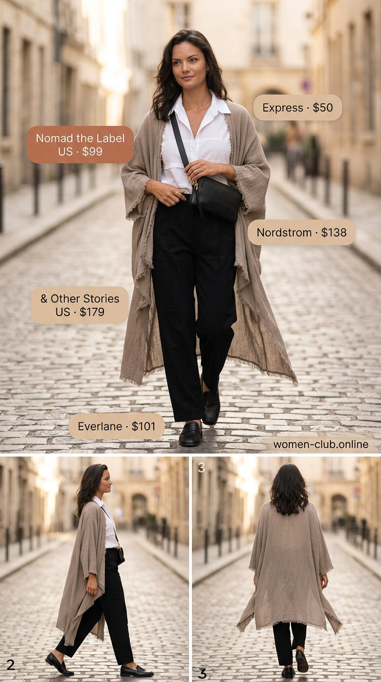 Khaki beige minimalist maxi kimono outfit for women 2026, for city exploration and travel.