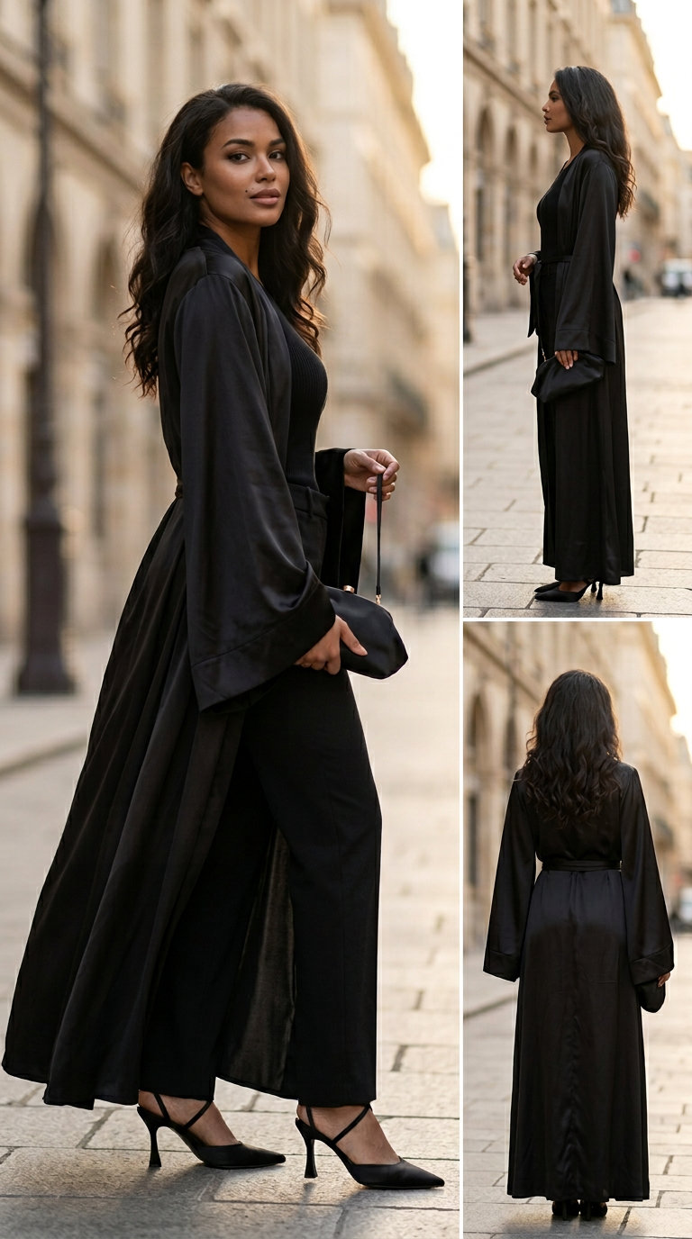 Minimalist long summer kimono outfits for women 2026: All black kimono with trousers and heels.