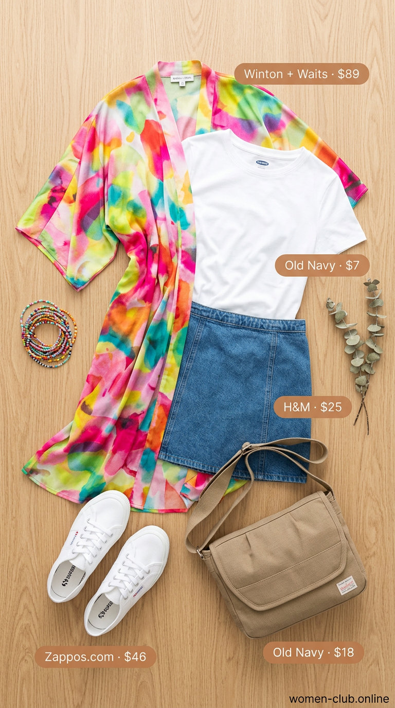 Playful long summer kimono outfits for women 2026: Multi-color print kimono over white tee, denim mini skirt, and sneakers.