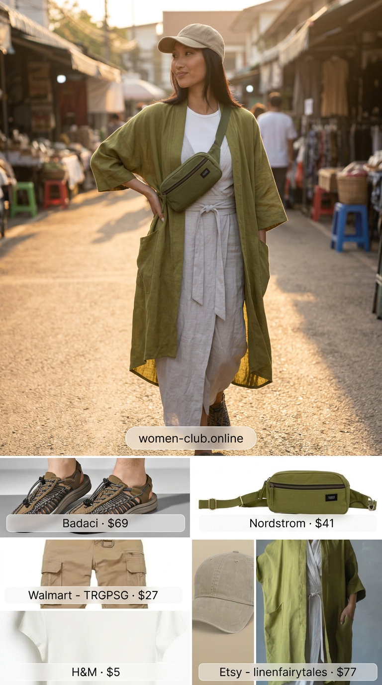 Adventurous long summer kimono outfits for women 2026: Khaki utility kimono with cargo pants and t-shirt.