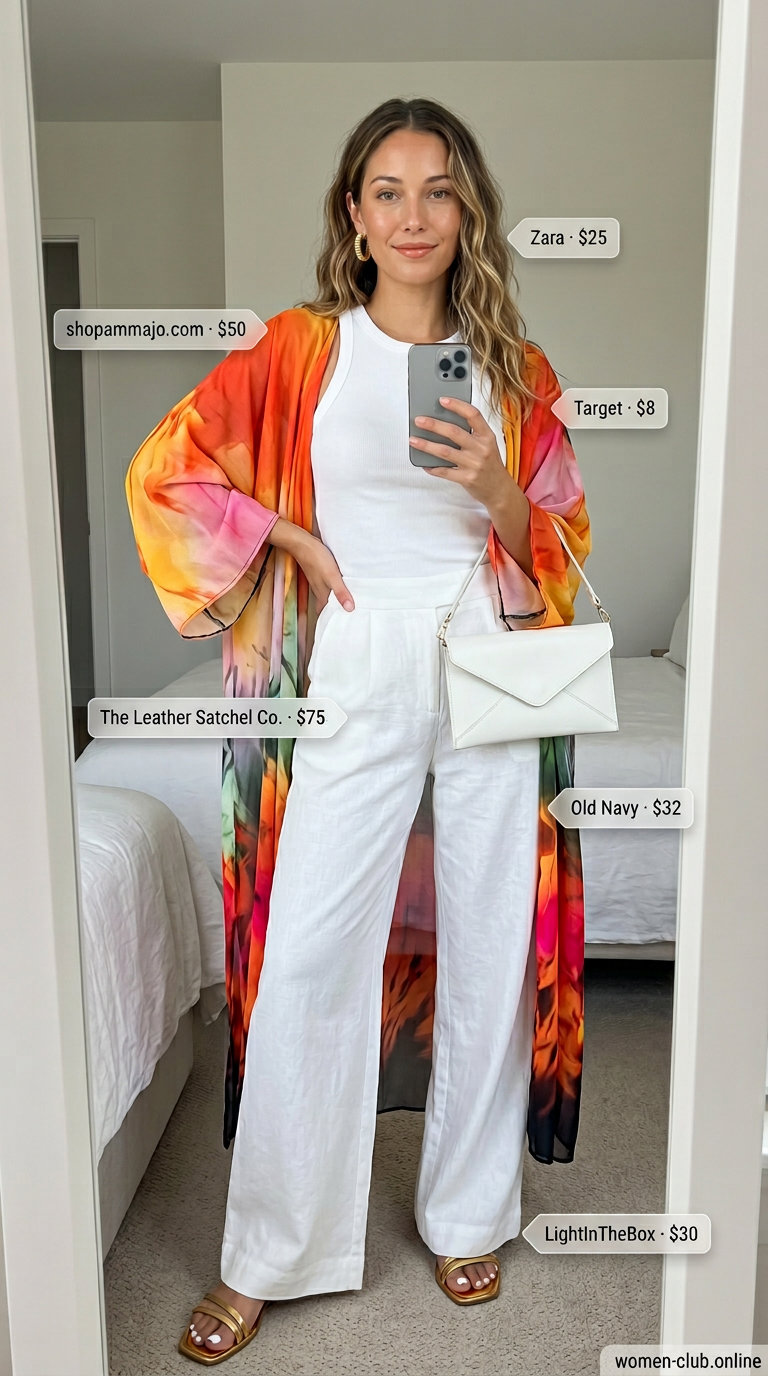 Orange, pink, yellow gradient maxi kimono outfit for women 2026, perfect for evening cruises and summer nights.
