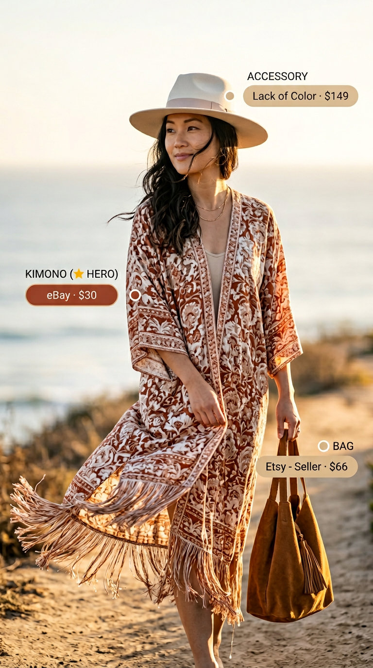 Terracotta embroidered kimono outfit for women 2026. Festival look with tiered dress and suede boots.