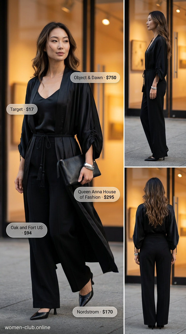 Sophisticated long summer kimono outfits for women 2026: Black kimono with wide-leg pants and mules.