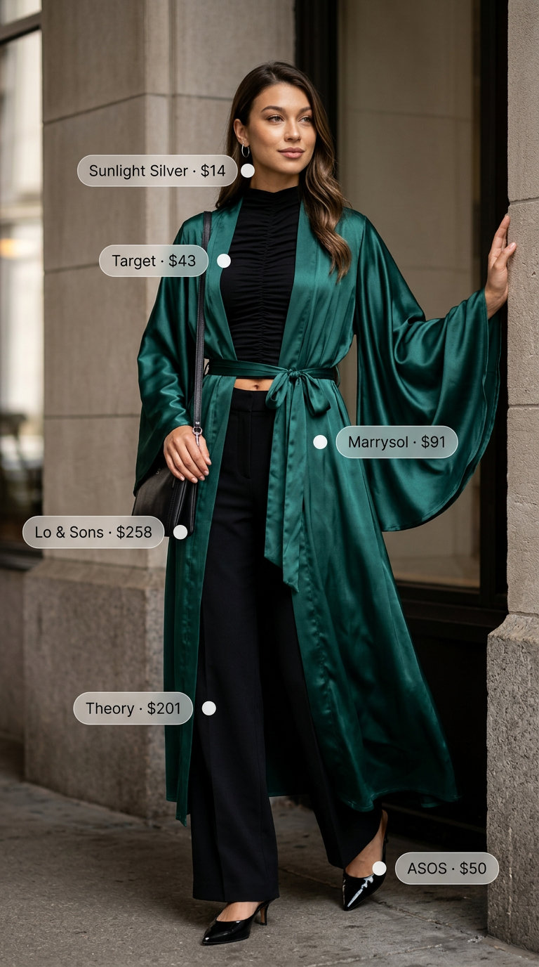 Sophisticated long summer kimono outfits for women 2026: Olive green kimono with black mock neck top and trousers.