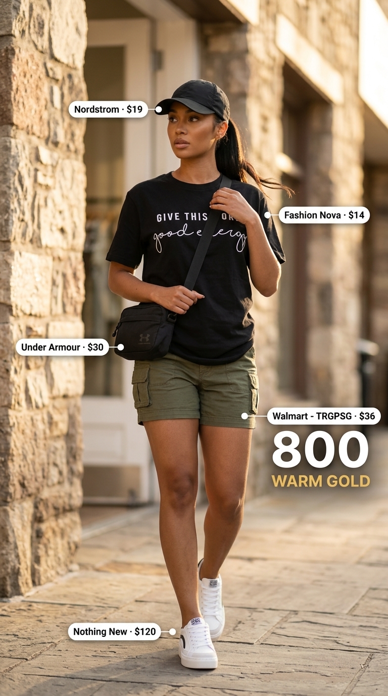 Loose fit hot summer outfits for women 2026: Olive cargo shorts, black graphic tee, belt bag, and chunky sneakers for urban exploration.