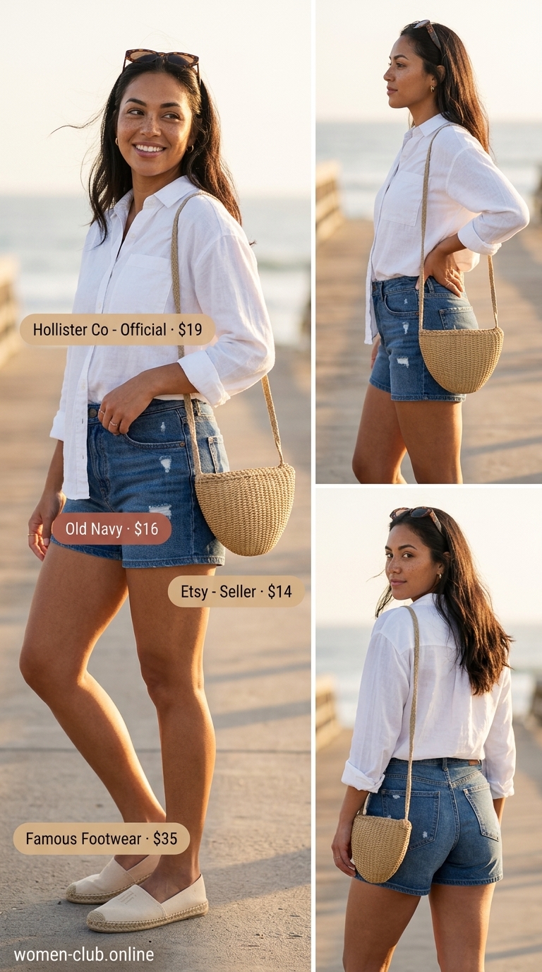 Loose fit hot summer outfits for women 2026: Denim shorts, oversized linen shirt, espadrilles, and straw bag for a casual beach day.