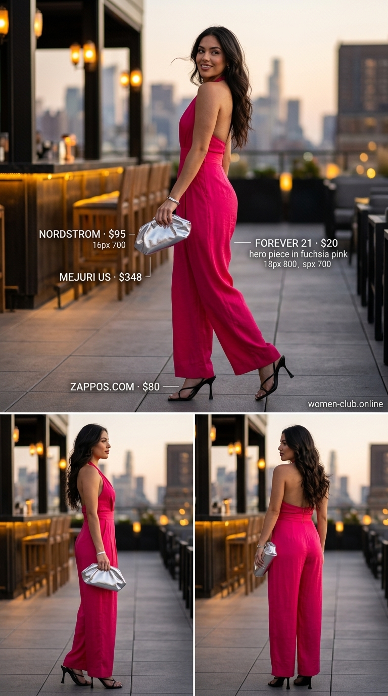 Loose fit hot summer outfits for women 2026: Fuchsia wide-leg jumpsuit, silver clutch, black heels, and statement cuff for a summer party.