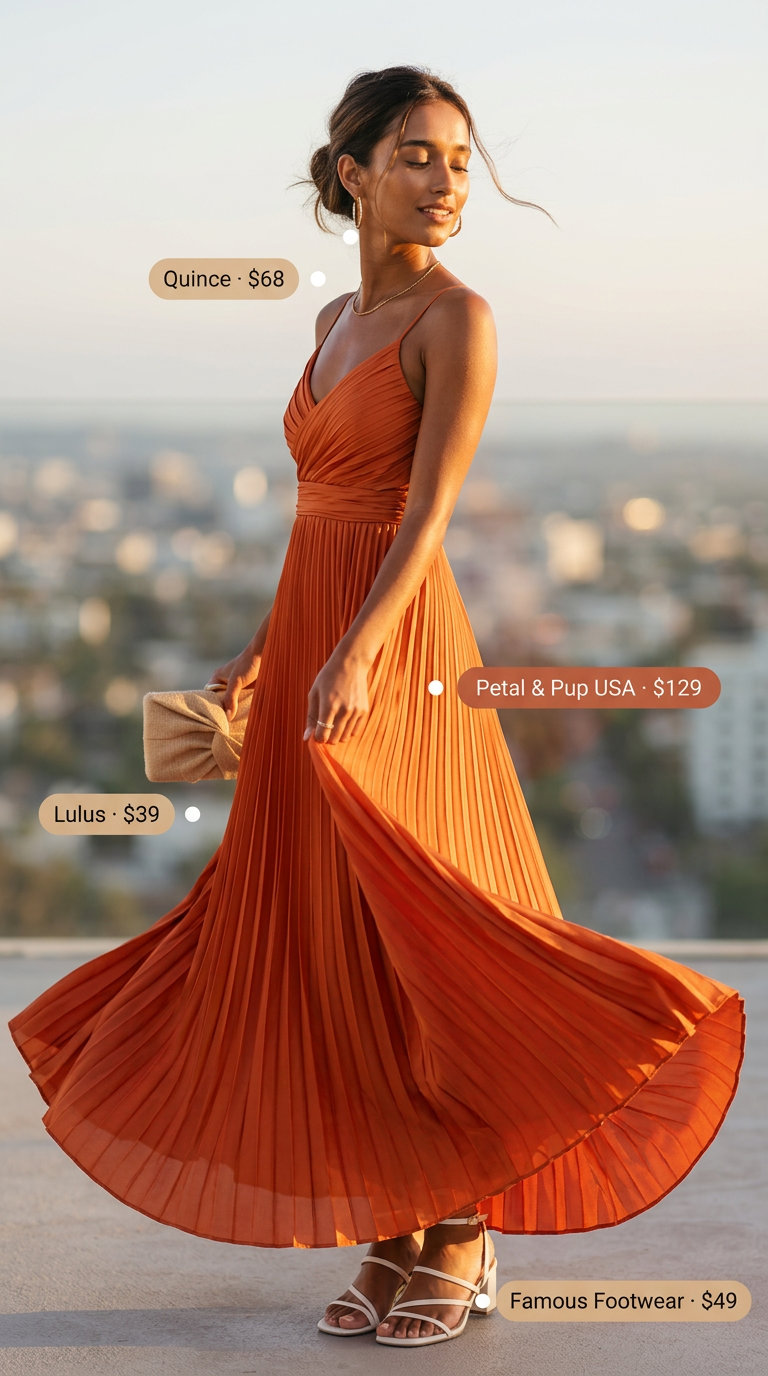 Loose fit hot summer outfits for women 2026: Sunset orange maxi dress, gold hoops, woven clutch, and flat sandals for an evening dinner.
