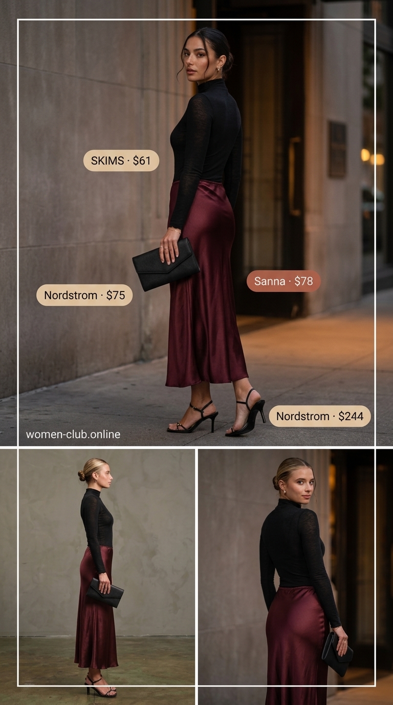 Loose fit hot summer outfits for women 2026: Burgundy slip skirt, black bodysuit, strappy heels, and gold bracelet for date night.