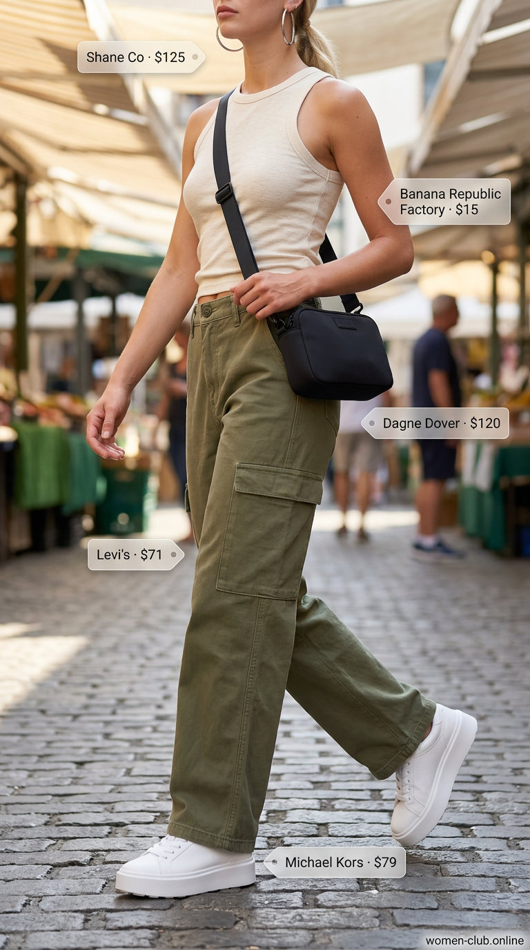Loose fit hot summer outfits for women 2026: Olive cargo pants, cream tank, white sneakers, silver hoops, nylon bag.