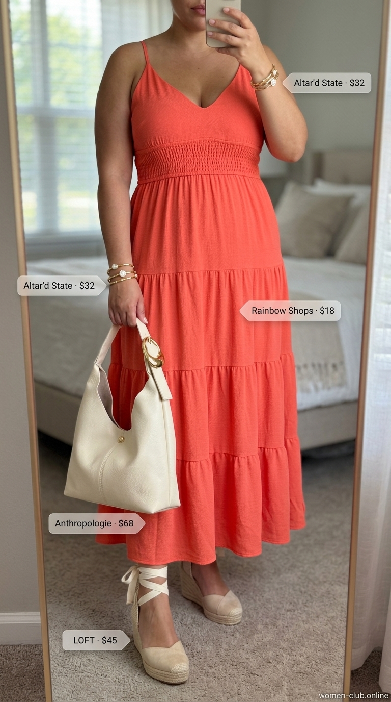 Loose fit hot summer outfits for women 2026: Coral maxi dress with gold bangles for beach evening or dinner party.