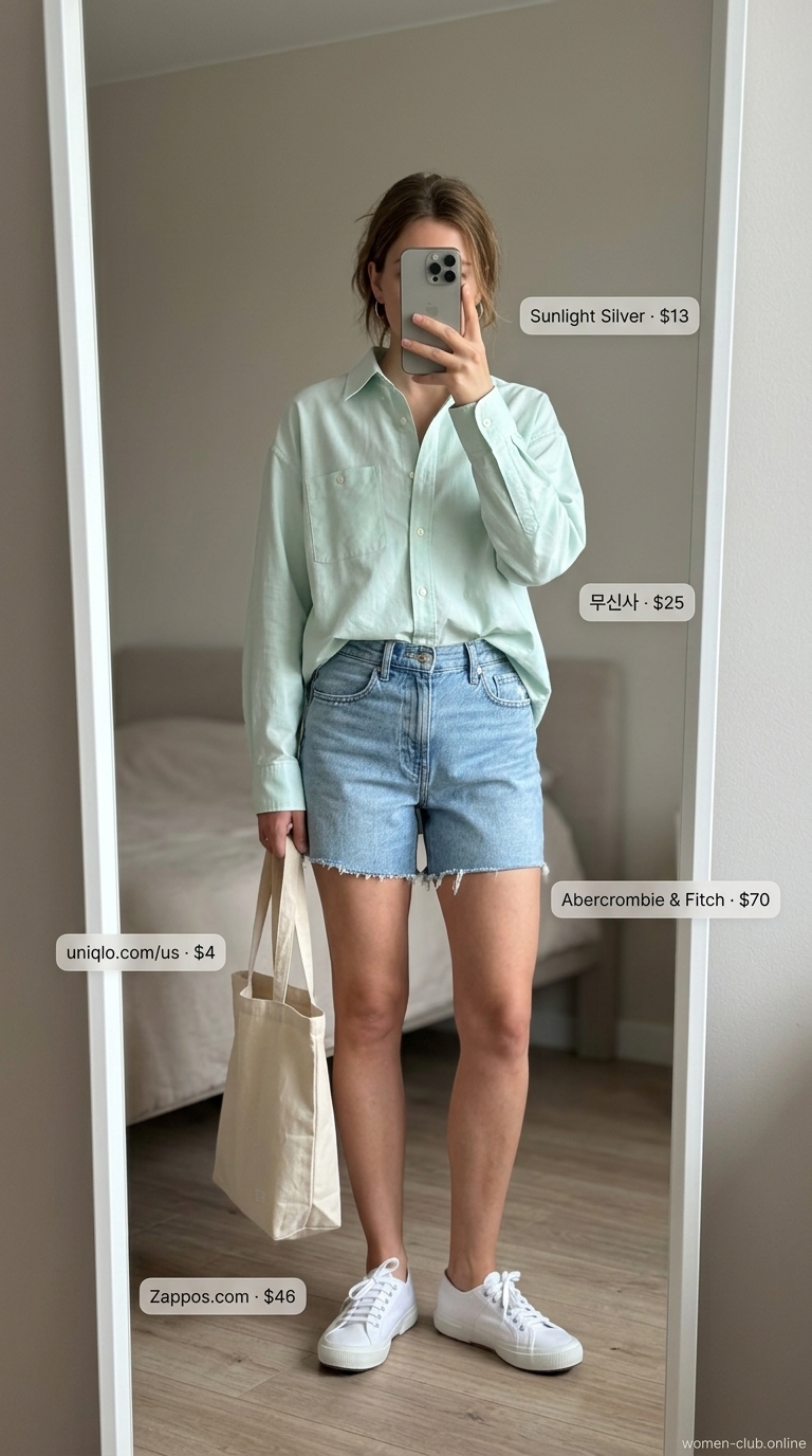 Loose fit hot summer outfits for women 2026: Mint green oversized shirt with denim shorts for casual day out.