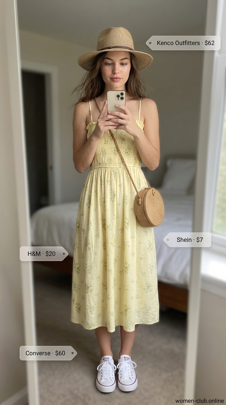 Loose fit hot summer outfits for women 2026: Yellow floral mini sundress, white sneakers, straw hat, crossbody bag.