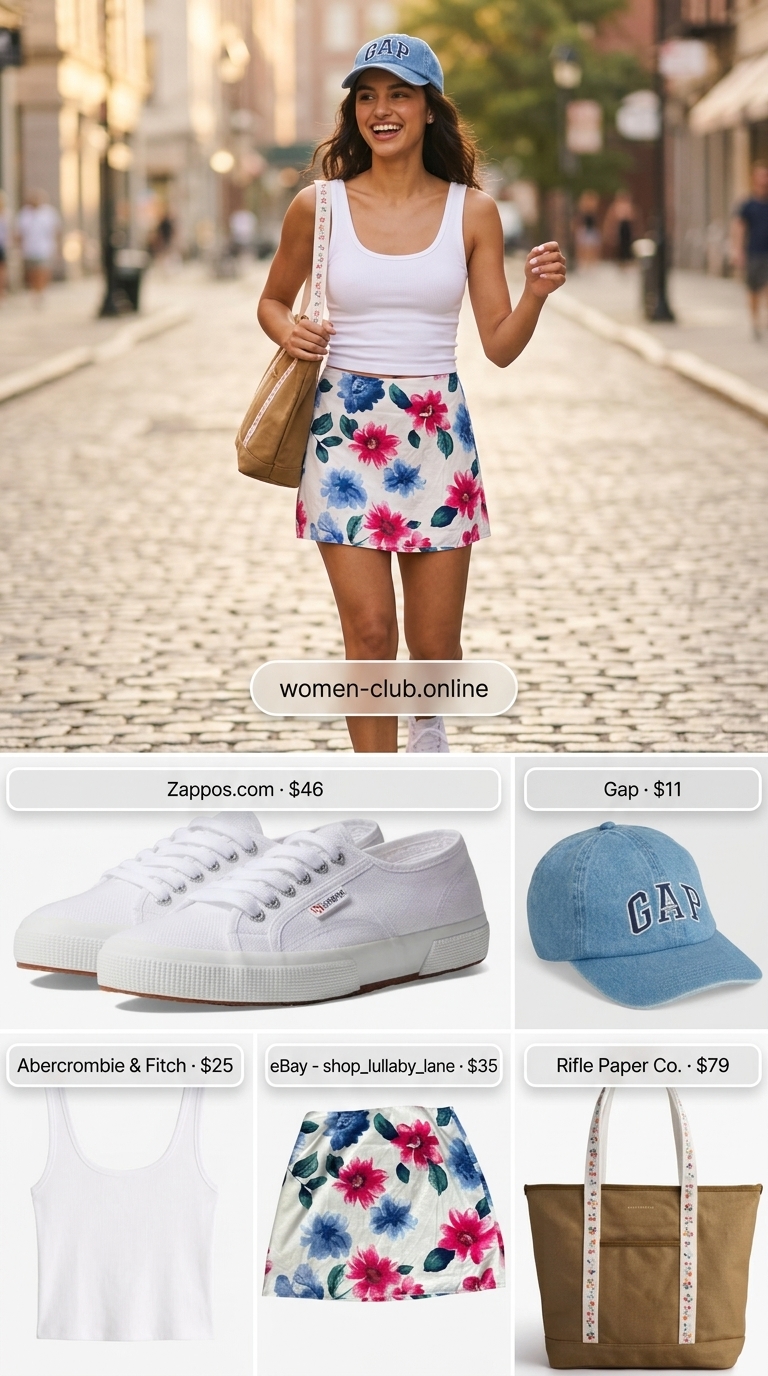Loose fit hot summer outfits for women 2026: Floral mini skirt with white tank and denim cap for casual daytime.