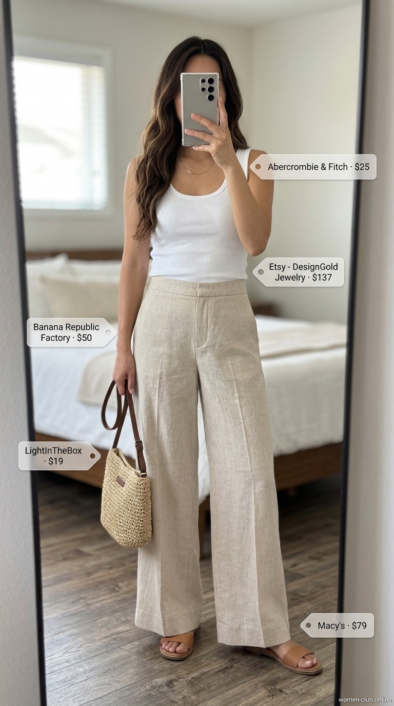 Loose fit hot summer outfits for women 2026: Khaki linen pants with white tank and straw bag for casual evening.