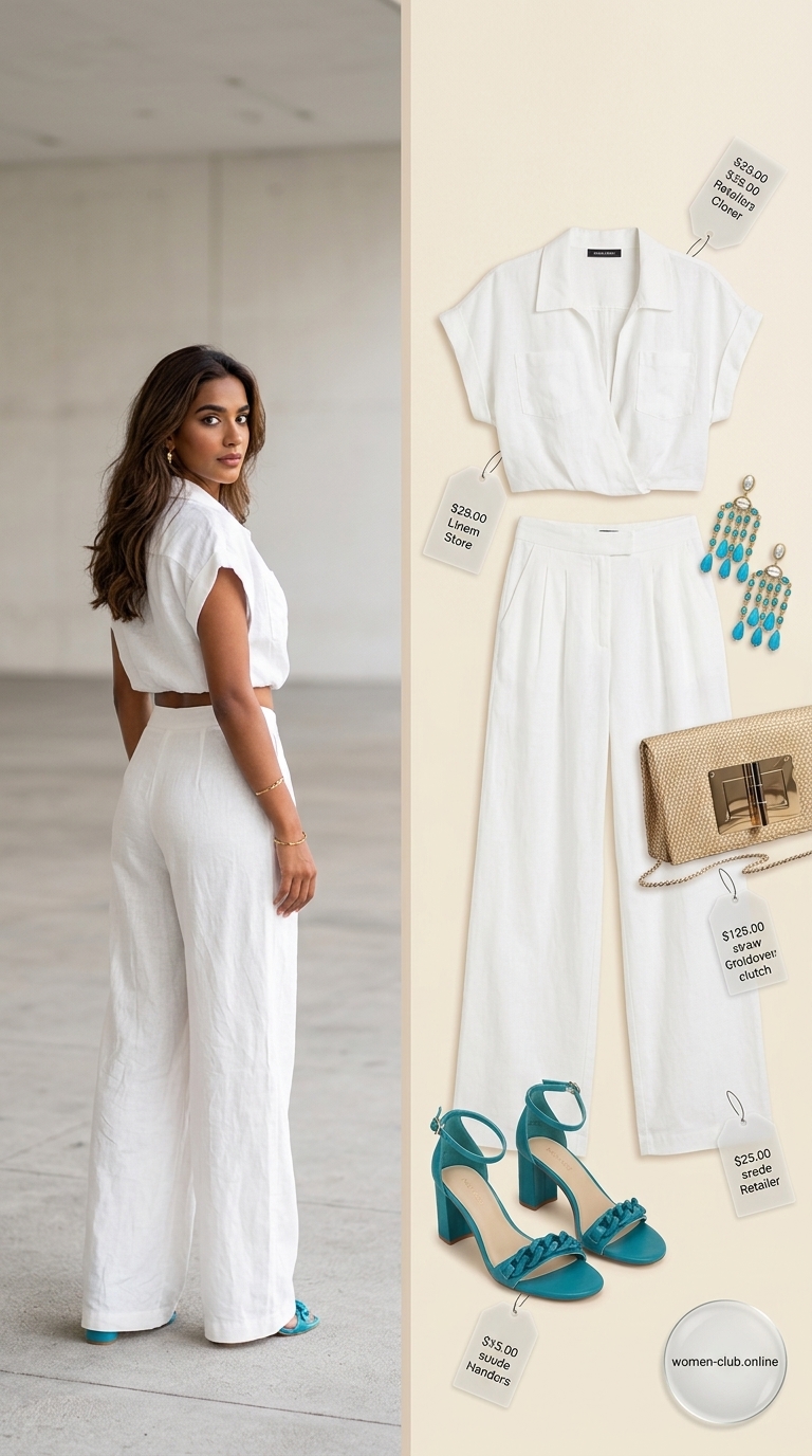 Loose fit hot summer outfits for women 2026: Cream linen co-ord set with teal sandals for summer evening out.