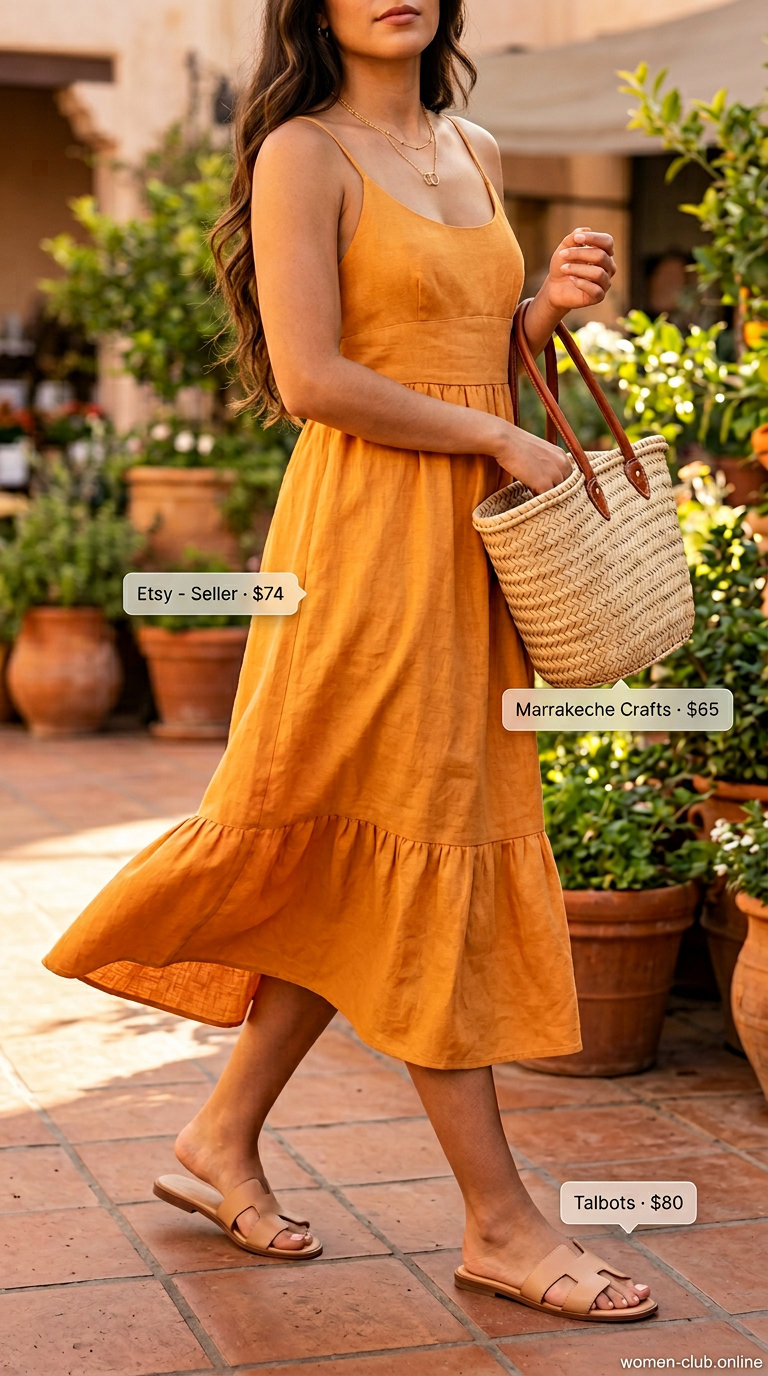 Loose fit hot summer outfits for women 2026: Marigold linen dress, tan slides, straw tote, layered gold necklace.