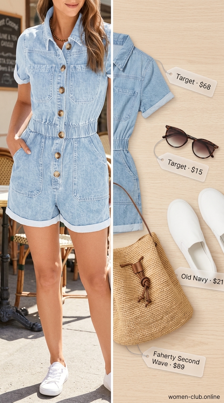Loose fit hot summer outfits for women 2026: Denim blue linen romper, white sneakers, straw bucket bag, sunglasses.