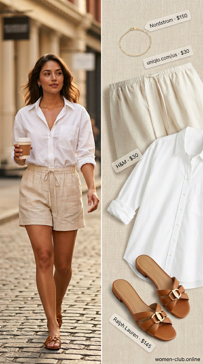 Loose fit hot summer outfits for women 2026: Beige linen shorts, oversized white shirt, straw tote, tan slides.
