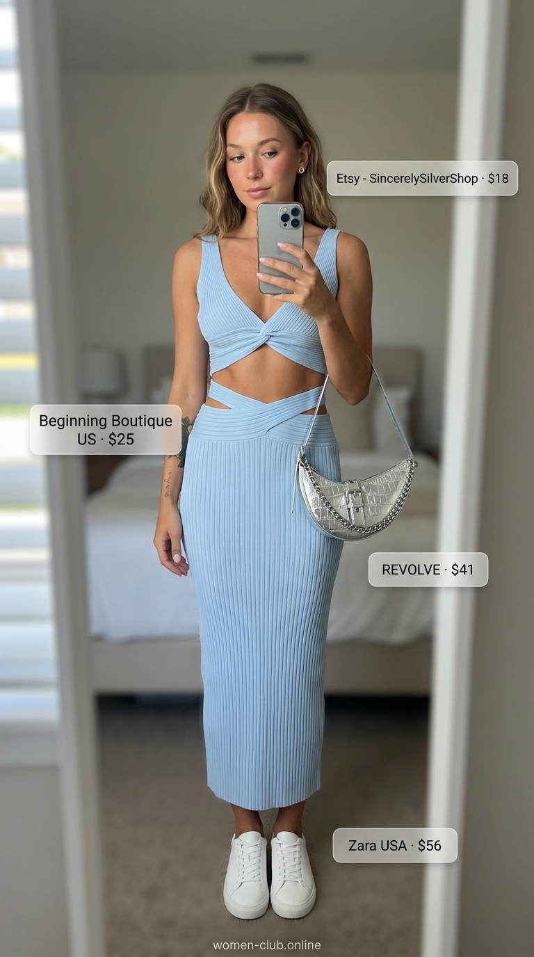 Loose fit hot summer outfits for women 2026: Sky blue midi skirt set, white sneakers, silver earrings, crossbody bag.
