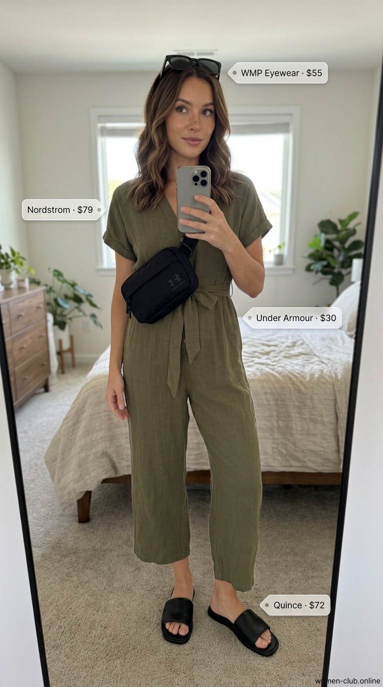 Loose fit hot summer outfits for women 2026: Olive green utility jumpsuit with black belt bag and slides for day out.