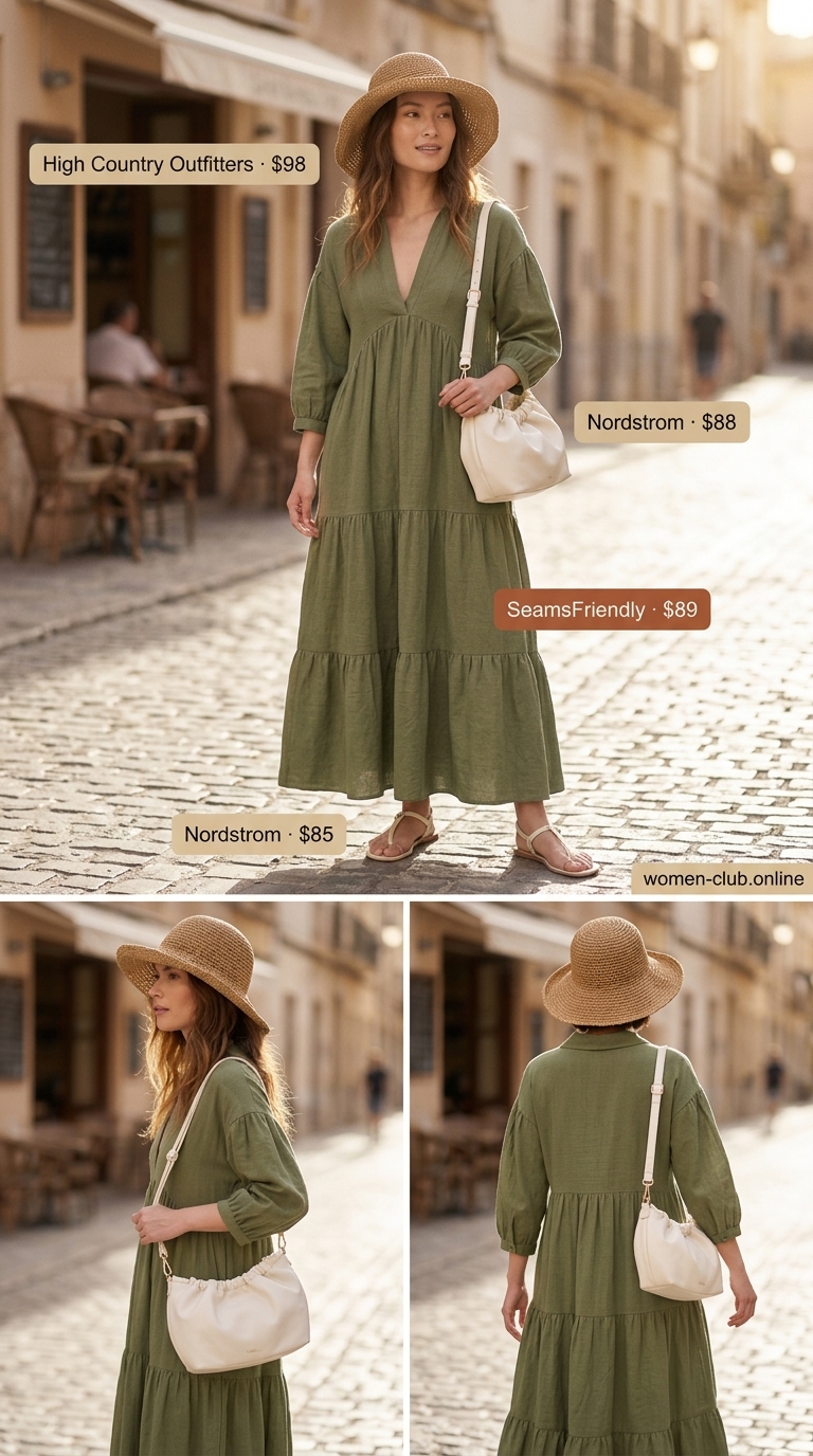 Loose fit hot summer outfits for women 2026: Sage green maxi dress with straw hat and leather sandals for travel.