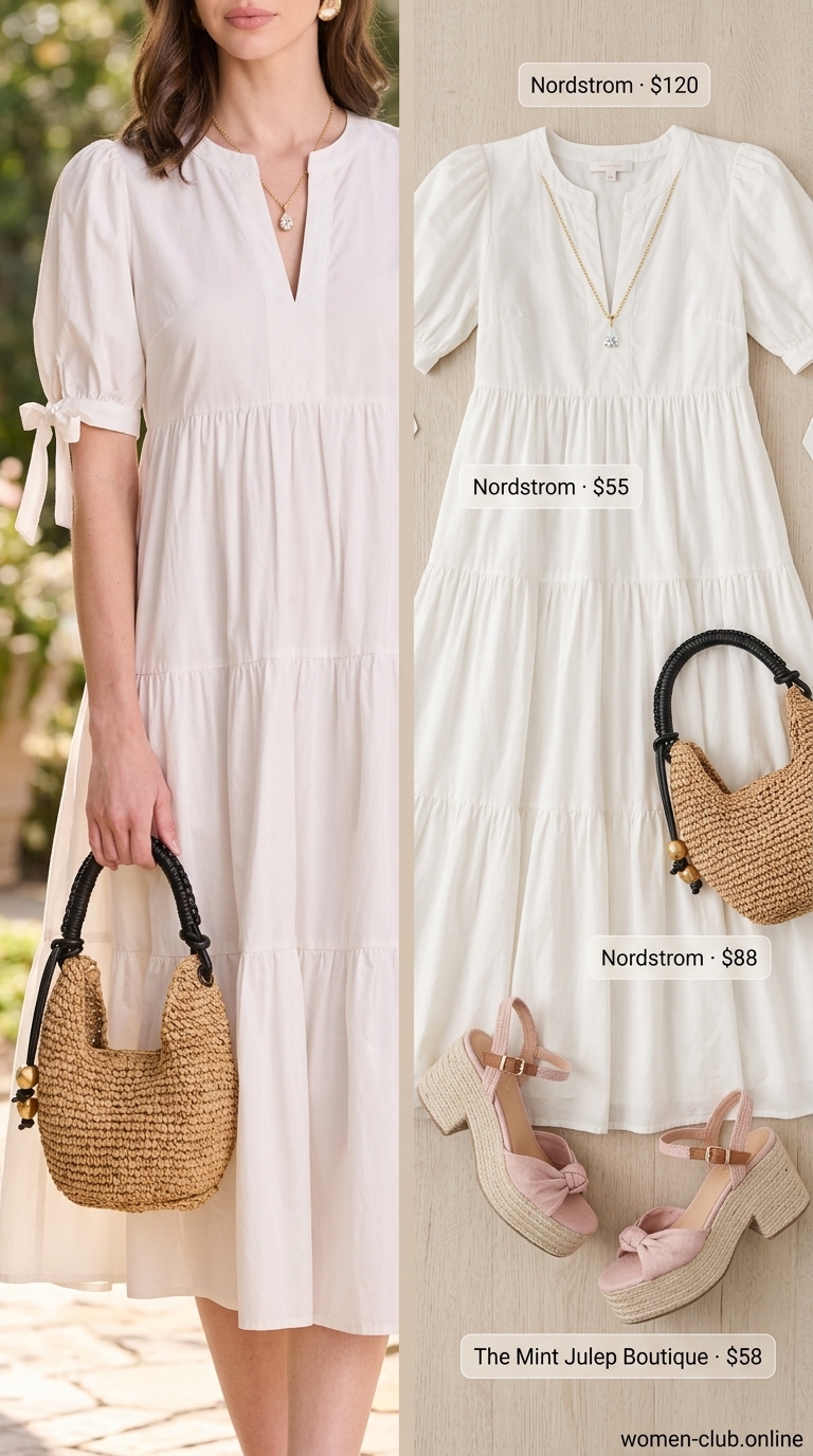 Loose fit hot summer outfits for women 2026: White midi dress, blush espadrilles, straw bag, gold necklace.