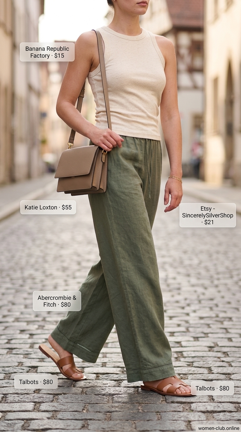 Loose fit hot summer outfits for women 2026: Olive green wide-leg pants, cream tank, tan crossbody, leather slides.