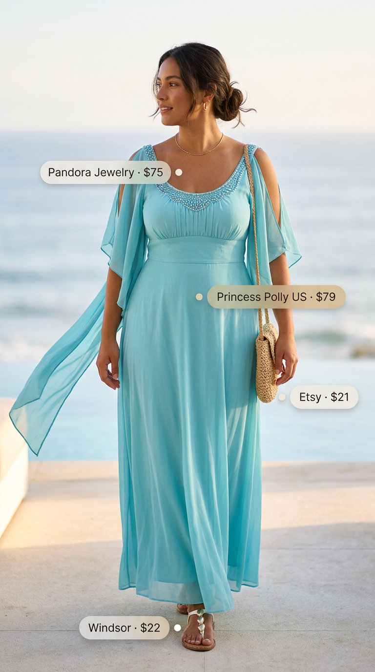 Miami pool party summer outfits for women 2026: Flowy aqua maxi dress, straw bag, gold hoops, and embellished sandals.