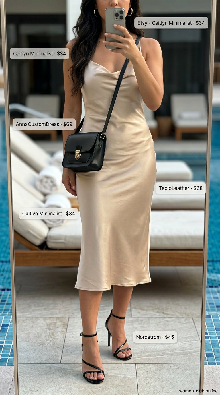 Miami pool party summer outfits for women 2026: Champagne slip dress, black heels, black crossbody, and gold earrings for a glamorous evening look.