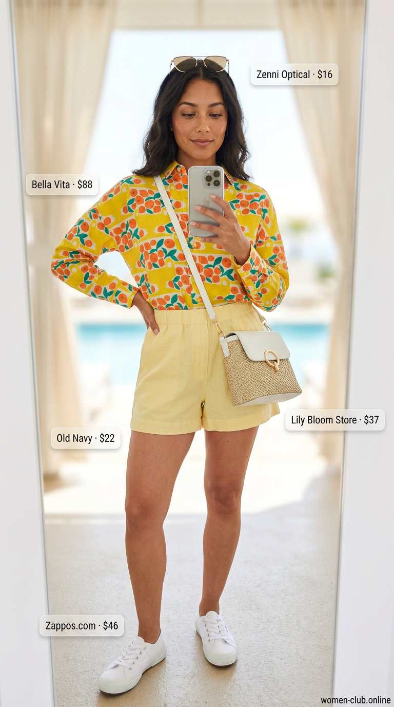 Miami pool party summer outfits for women 2026: Citrus print shirt, linen shorts, straw crossbody, sneakers, and cat-eye sunglasses for a fresh look.